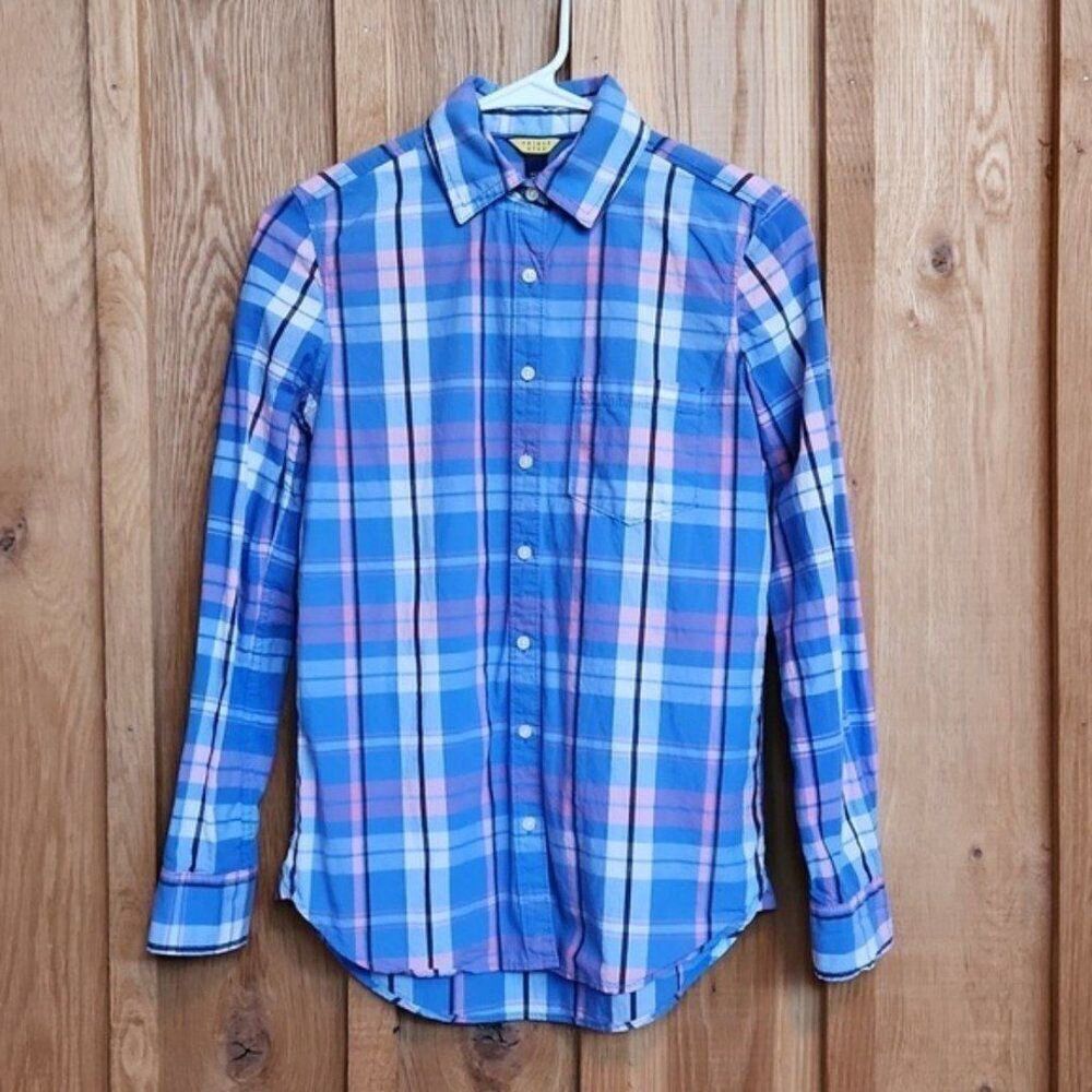 Prince & Fox Long Sleeve Button Down Casual Shirt, XS, Blue Pink & White Plaid